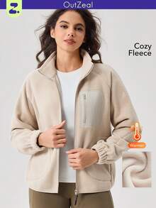OutZeal Women Outdoor Jacket Winter Casual Thermal Fleece Stand Collar Multi Pockets Outdoor Top - Apricot - View 10