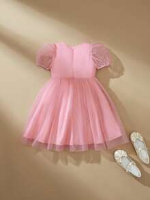 SHEIN 女童3D刺绣薄纱泡泡裙 - 粉色 - 查看 6