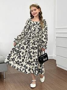 SHEIN Tween Girl Floral Printed Pattern Long Sleeve Dress - Apricot - View 6