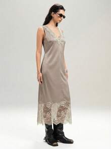 LYSMO Đầm nữ kaki dài ngang gối cổ chữ V phối ren, đầm midi nữ mùa xuân/hè, đầm slip nữ, đầm maxi ren nữ, đầm midi nữ - Màu Khaki - Xem 4