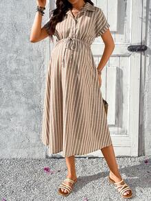 SHEIN 孕妇条纹蝙蝠袖系腰休闲衬衫裙 - 卡其色 - 查看 5