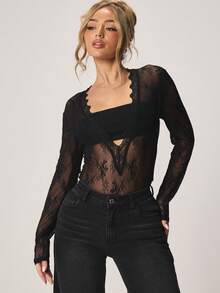 MISSGUIDED Long Sleeve Lace Semi Sheer Scalloped Neckline Cut Out Midriff Top - Black - View 1