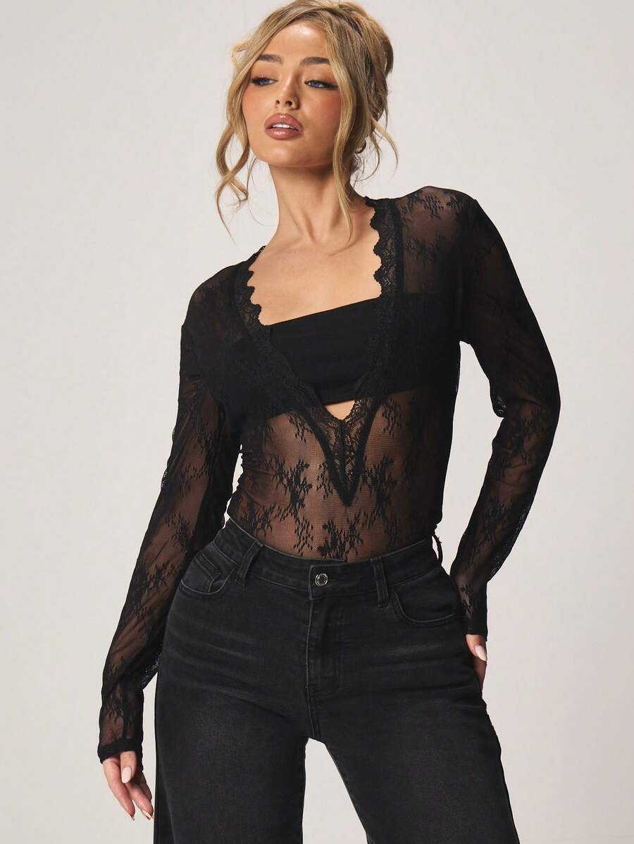 MISSGUIDED Long Sleeve Lace Semi Sheer Scalloped Neckline Cut Out Midriff Top - Black - View 1