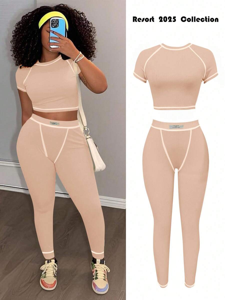 Slaydiva 2025春夏新款休闲街头百搭运动基础修身绿色圆领短袖露脐T恤搭配撞色腰裤女式两件套，适合音乐节、复活节、西式游牧风、乡村风、婚礼宾客、日常出行、毕业季、派对聚会、俱乐部、运动健身、瑜伽等场合 - B - 杏色 - 查看 1