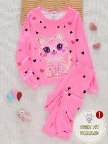 2件套女童夜光猫咪爱心格子印花长袖上衣和格子裤修身家居服套装 - 粉色 - 查看 1