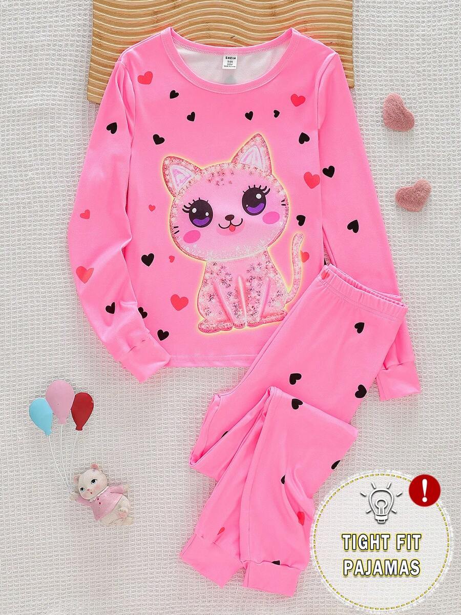 2件套女童夜光猫咪爱心格子印花长袖上衣和格子裤修身家居服套装 - 粉色 - 查看 1