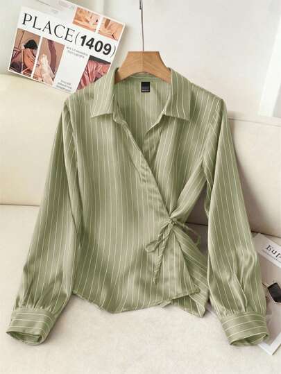 Modelyn Collared Tie-Front Long Sleeve Cinched Waist Striped Casual Shirt For Women