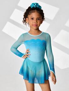 Young Girls Figure Skating Dress, Ombre Gradient Floral Print With Sparkling Rhinestones, High Stretch Bodysuit With Soft, Flowing Skirt - Cadet Blue - View 1