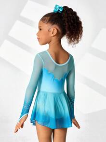 Young Girls Figure Skating Dress, Ombre Gradient Floral Print With Sparkling Rhinestones, High Stretch Bodysuit With Soft, Flowing Skirt - Cadet Blue - View 2