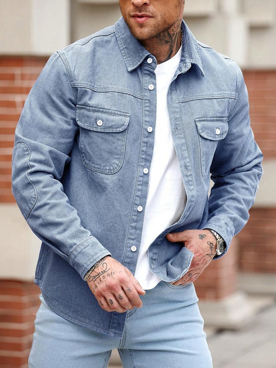 Manfinity Homme Men's Slim-Fit Washed Blue American Casual Denim Jacket Going Out Hang Out Work Commute Street - Light Wash - View 1