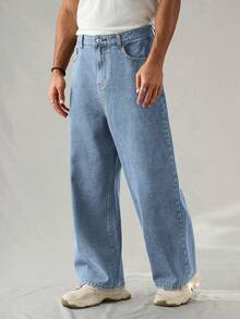 Chillumni Jeans casuales de pierna ancha y bolsillos sueltos para hombres - Lavado ligero - Ver 6