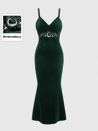 Damen tailliertes Meerjungfrau-Saum Taille besticktes Hippie-Samt-Kleid