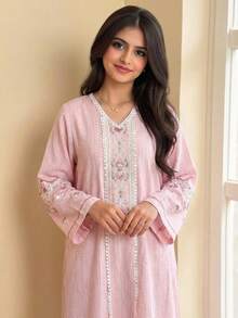 SHEIN Teen Girl Pastel Pink Autumn Casual Vacation Lace Trim V-Neck Loose Maxi Dress,Embroidered Mesh Long Sleeve Wavy Fabric Muslim Abaya Dress For School - Pink - View 7