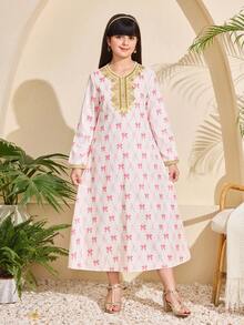 Áo Abaya Ramadan, Jalabiya, trang phục truyền thống Ả Rập, trang phục truyền thống Trung Đông cho bé gái, áo choàng cổ thêu vàng in họa tiết nơ. - Hồng - Xem 7