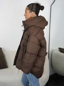 SAYEHFBABY Herbst/Winter braune minimalistische vielseitige hochwertige Retro-Design einfarbige Kapuzen-Mode-Loose Lässig Daunenjacke für Frauen - Braun - Übersicht 4