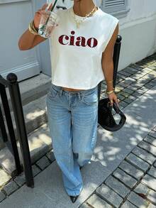 Siren Gaze Women's Casual Minimalist Leopard Print CIAO Letter Graphic Round Neck Cropped Sleeveless Tank Top, Suitable For Summer Spring - White - View 4