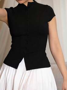 Melissa Matos 女士秋季纯色立领上衣盖袖单排扣休闲女式上衣，纽扣式女式针织上衣 - 黑色 - 查看 5