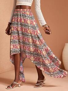 JIAN LASALA All-Over Print Chiffon Elastic High Waist Asymmetric Long Skirt Women Casual Holiday Wear Asymmetrical Skirt Boho Skirts For Women Maxi Skirt Long Floral Skirt Beach Wedding Guest - Multicolor - View 4