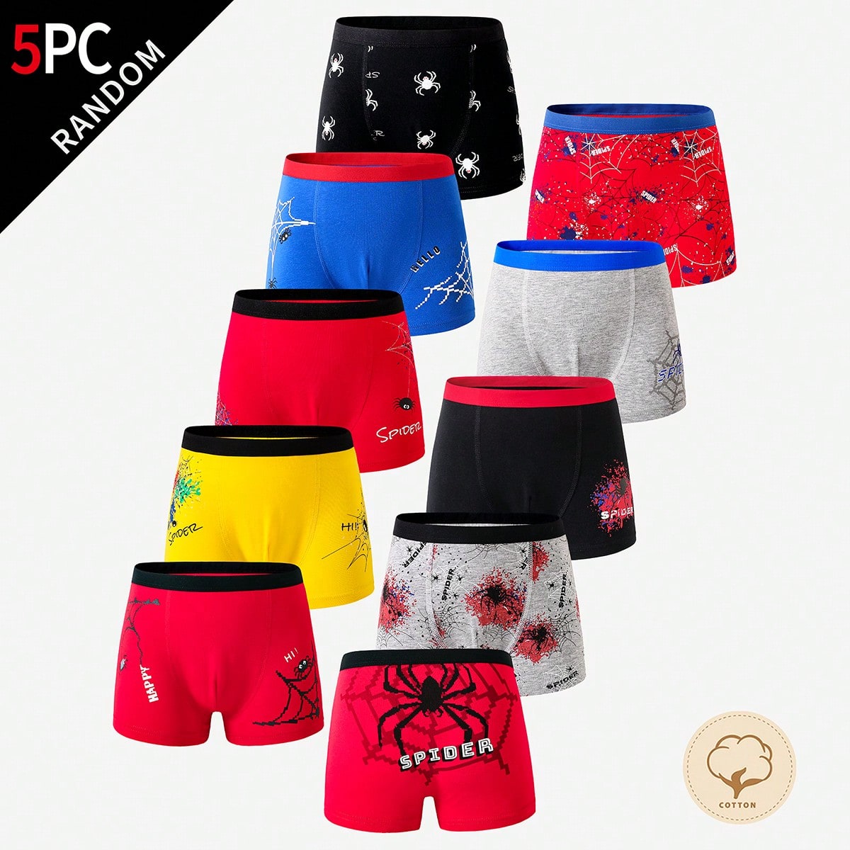 Paquete de 5 calzoncillos de algodón cómodos con estampados de arañas y gráficos coloridos aleatorios para niños