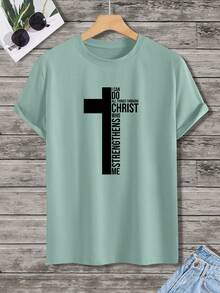 Manfinity Homme Plus Size Men's Round Neck Letter Print Casual Versatile Commute Short Sleeve T-Shirt - Mint Green - View 3