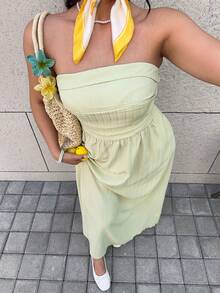 GalTyme 大码休闲简约抹胸连衣裙 - 綠色 - 查看 7