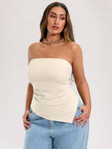 SHEIN BAE Plus Size Women's Tube Top Solid Color Beige Stretch Knitted Tight Ruffled Asymmetrical Design Hem Tank Top