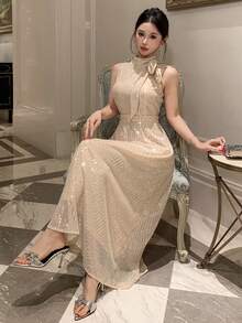 DAZY 女士优雅亮片系领无袖长裙，夏季嘉年华闪亮连衣裙 - 杏色 - 查看 5