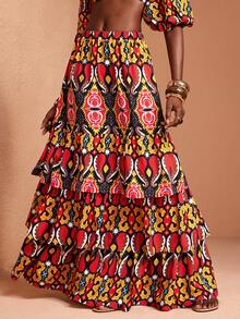 JIAN LASALA All-Over Print Elastic High Waist Layered Ruffled Women Maxi Skirt Holiday Vacation Casual Wear Beach Wedding Guest - Multicolor - View 4
