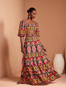 JIAN LASALA All-Over Print Square Neck Lantern Sleeves Women Crop Top Holiday Vacation Casual Wear Beach Wedding Guest - Multicolor - View 3