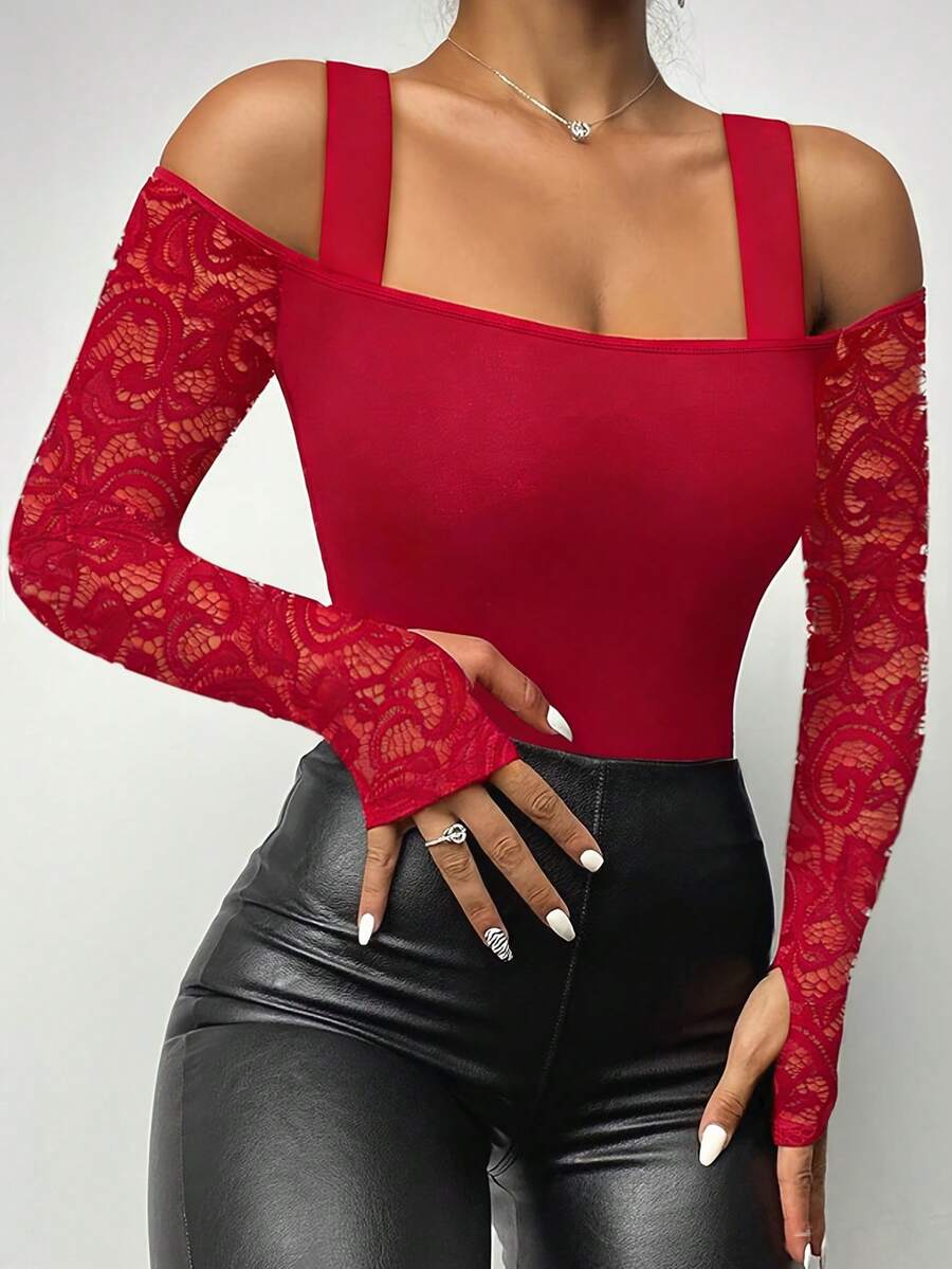 Allurite Áo thun dài tay hở vai ren khoét lỗ gợi cảm dành cho nữ, màu đỏ ôm sát, thích hợp cho mùa xuân/thu. - Đỏ - Xem 1
