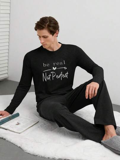 EURMUSE Men's Basic Comfortable Casual Long Sleeve Printed T-Shirt & Solid Color Pants Pajama Set