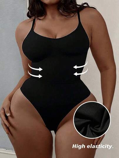 Slaydiva Plus Size Black Slim Fit Sleeveless Bodysuit, Summer/Autumn