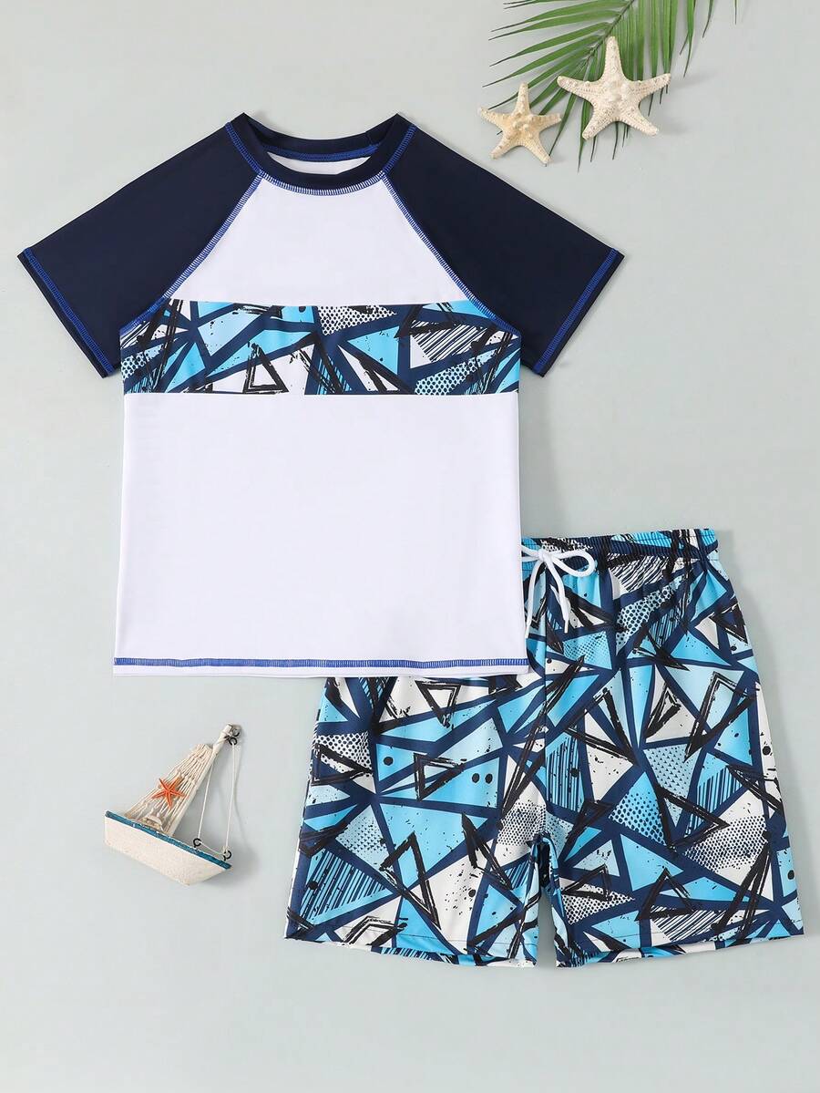 Ensemble de maillot de bain pour garçons préadolescents - Top anti-UV à manches courtes assorti à un short de plage, maillot de bain sport décontracté pour garçons, adapté pour l'été