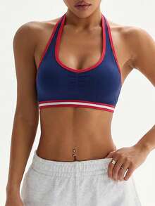 Dewbera Women's Contrast Trim Backless Racerback Sports Bra - Navy Blue - View 3