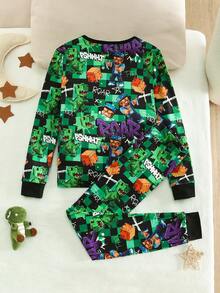 2 Stücke Jungen Weiche, bequeme Pyjama-Set mit engem Sitz, süßes Karomuster & Cartoon-Muster, Langarm-Oberteil und Hose, lässige Loungewear, Herbst/Winter - Verschiedenfarbig - Übersicht 2
