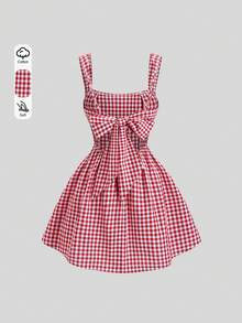 Sweetra Sexy American Style Square Neck Plaid Design Backless Bowknot Fit & Flare Dress, Fashionable For Valentine's Day, Christmas, Petite Girls - Red - View 1