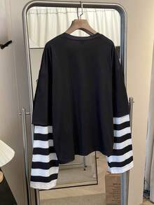 STEELVANCE 男士圆领字母印花二合一拼接休闲通勤长袖T恤 - 黑色 - 查看 2