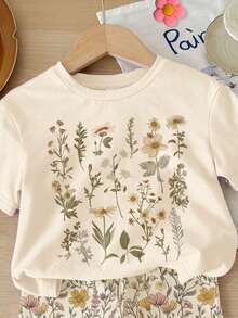 SHEIN 自然系列，可爱花卉波西米亚风图案，少女休闲圆领短袖T恤和打底裤套装，适合春夏日常穿着、居家、外出、叠穿，春夏外出穿搭，轻松舒适，休闲时尚，童装，婴儿及儿童花卉图案服装，春日气息，返校季 - 彩色 - 查看 5