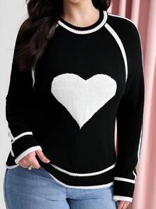 Juhart 大码女式爱心提花插肩袖套头毛衣，秋冬款 - 黑色 - 查看 6