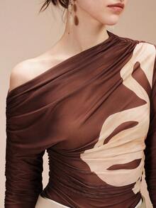 Revavyn Blusa elegante y ajustada con estampado floral y transparencia para mujer - Marrón - Ver 7