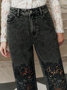 Quần jeans nữ cạp cao, thêu họa tiết khoét lỗ, dáng rộng, thời trang cho mùa xuân/thu, lễ hội và sinh nhật. - màu đen - Xem 5