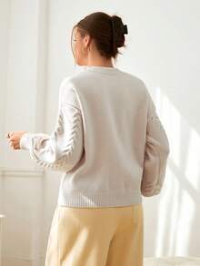 Ritzy Row 女士杏色圆领柳树图案灯笼袖羊毛混纺针织套头毛衣 - 杏色 - 查看 2