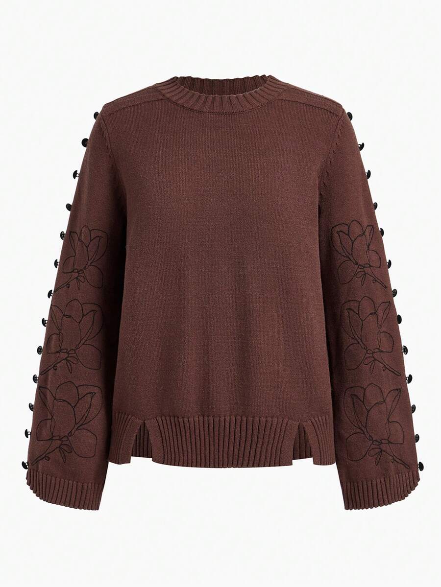 ZEYLAH Women's Casual Vacation Floral Embroidery Split Hem Loose Knit Sweater, Autumn/Winter - Coffee Brown - View 1