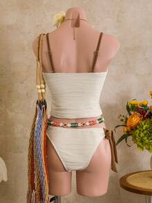 Swim Chiccia Women's Summer Beach Vacation Textured Fabric Metallic Starfish Decor Contrast Color Twist Tankinis Swimsuit - Beige - View 5