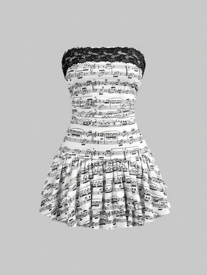 Women's Y2K Music Note Full Print Contrast Color Lace Ruffle Hem Bodycon Mini Dress