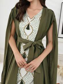 Al Najma Women's Fashion V-Neck Fringe Sleeve Arabic Style Dress - Multicolor - View 3