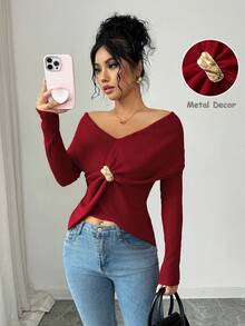 Elenzga 女士露肩金属装饰修身长袖T恤 - 紅色 - 查看 1