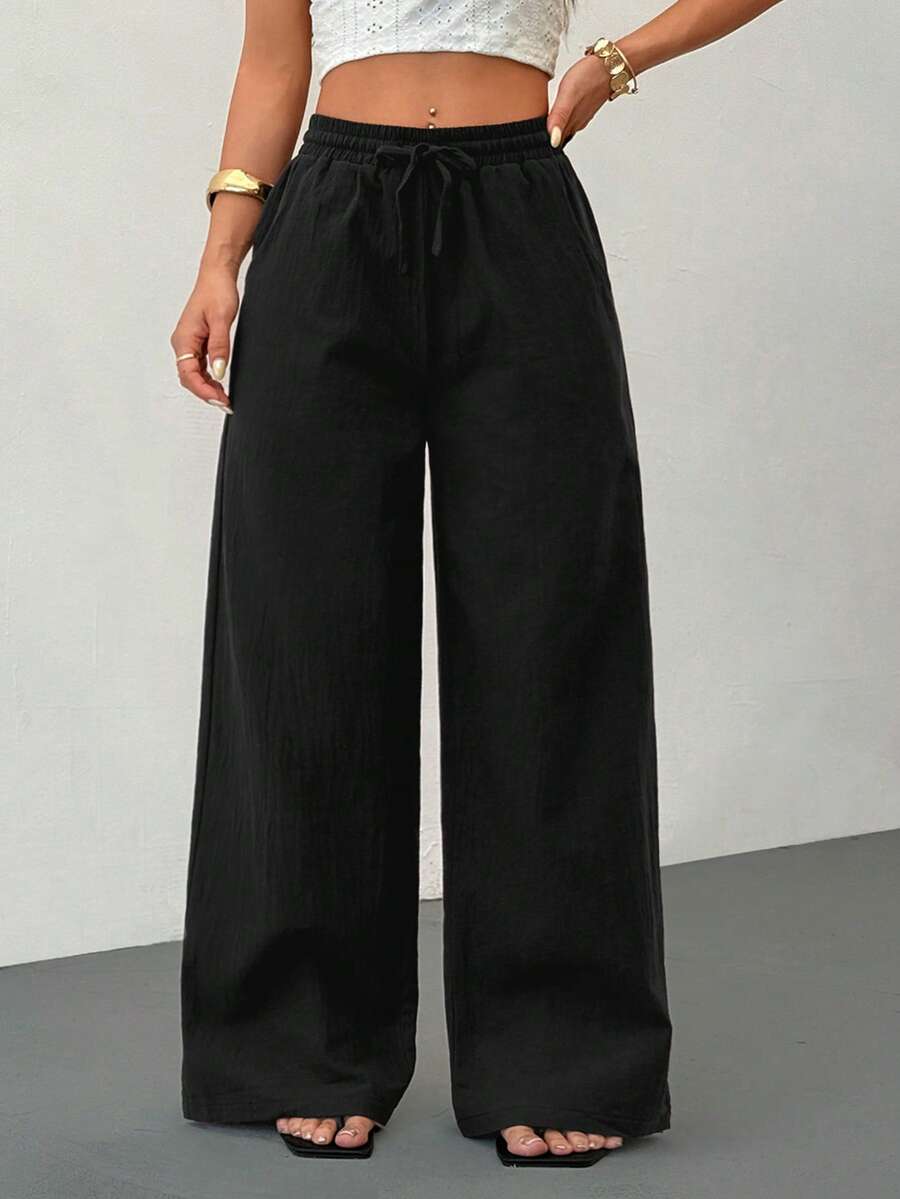 SHEIN PETITE Women's Summer/All-Season Country Concert Going Out Beach Boho Basic Minimalist Washed 100% Cotton Curved Hem Pants - Black - View 1