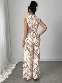 Elenzga Bộ áo liền quần không tay in họa tiết hình học dành cho nữ, áo liền quần mùa hè thanh lịch, trang phục thường ngày cho nữ. - Đỏ - Xem 2