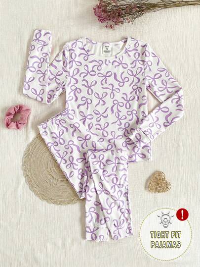 SHEIN Girls' Butterfly Print Casual Snug Fit 2 Pieces Pajama Set, Includes Long Sleeve Top And Pants, Snug Fit Palace Dress Purple Kids Pijamas Lavender Pajama Set Purple Pajamas Set